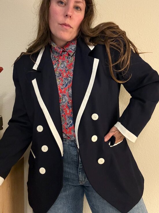 Vintage Jackets & Blazers - Vintage 90s Andre Barreau Navy Classic Double Breasted Preppy Blazer